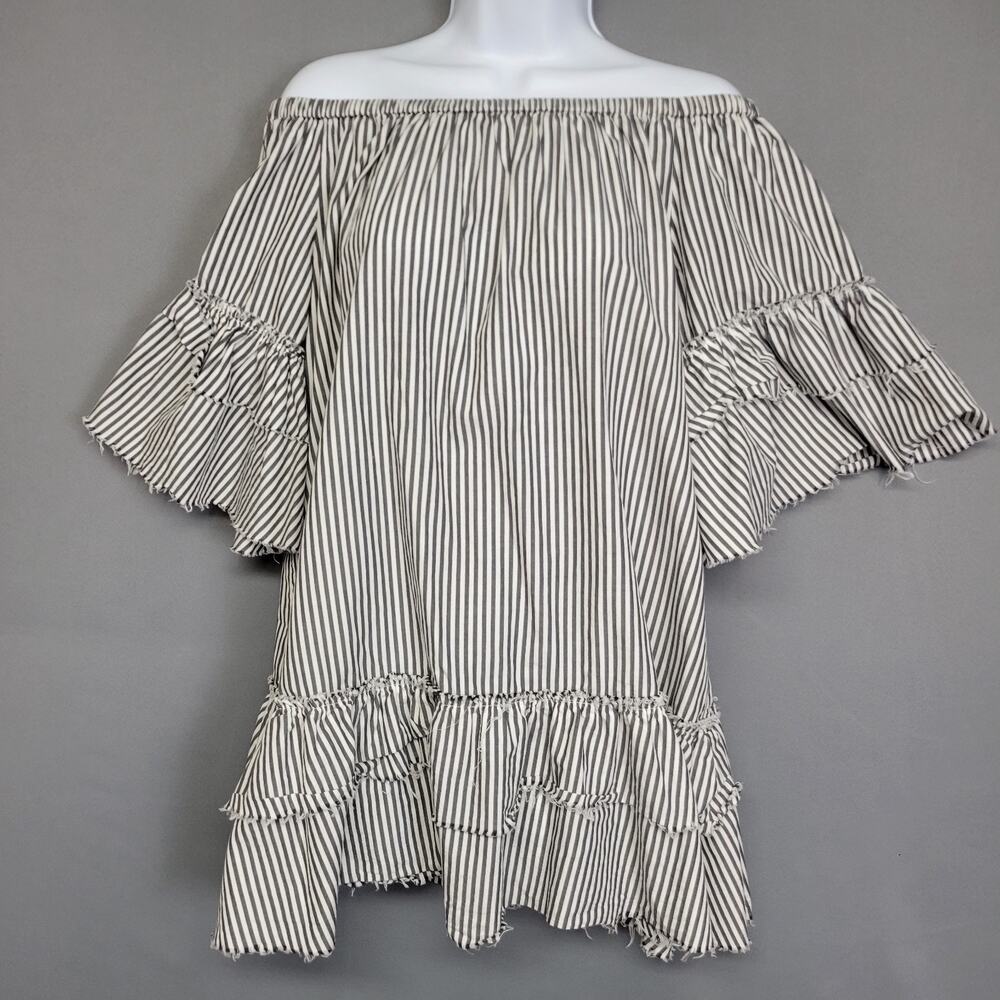Zara Woman Off The Shoulder Mini Dress Womens Small Gray White Striped Raw Edges